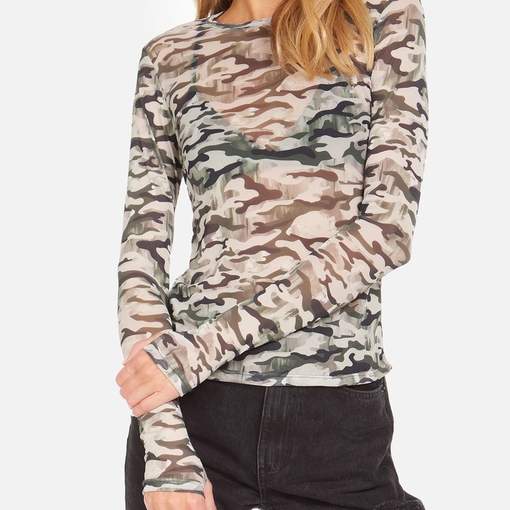 Michael Lauren long sleeve sheer camo top.